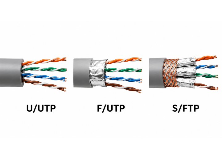 剖面結構圖 CAT6A U/UTP F/UTP S/FTP三大屏蔽類型物理結構差異對照，含整體屏蔽層與線對屏蔽層位置示意及ISO/IEC 11801命名規則
