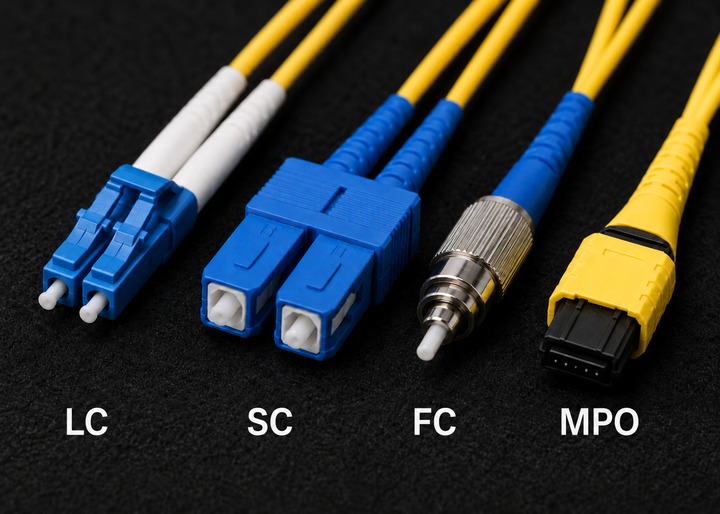 仟亞電訊光纖接頭種類指南封面，LC、SC、FC、MPO四種光纖接頭並排於黑色絨布上，皆為黃色單模跳線