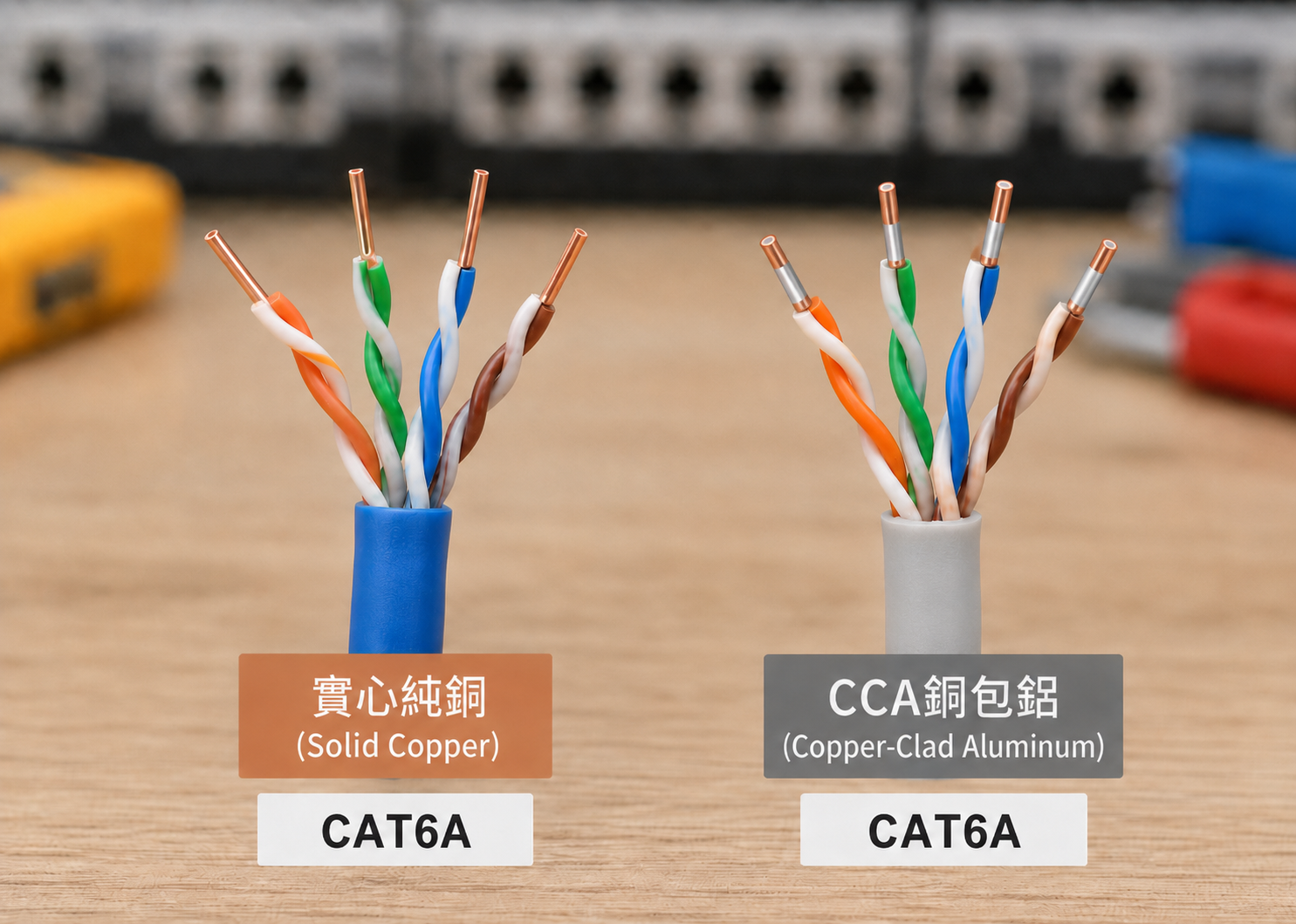 仟亞電訊CAT6A價格與採購封面，兩條剖開的CAT6A對照，左為實心純銅、右為CCA銅包鋁導體末端露出銀白鋁芯