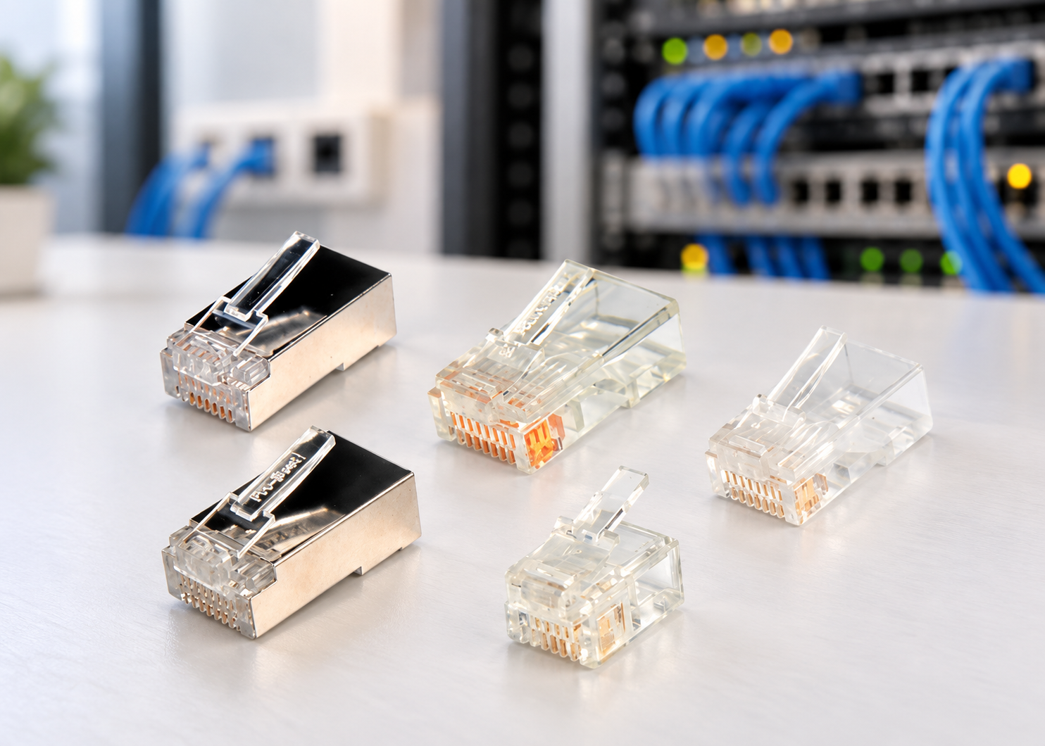 網路接頭產品實拍，RJ45水晶頭與RJ11電話接頭並排比較，背景為機房交換器與藍色網路跳線